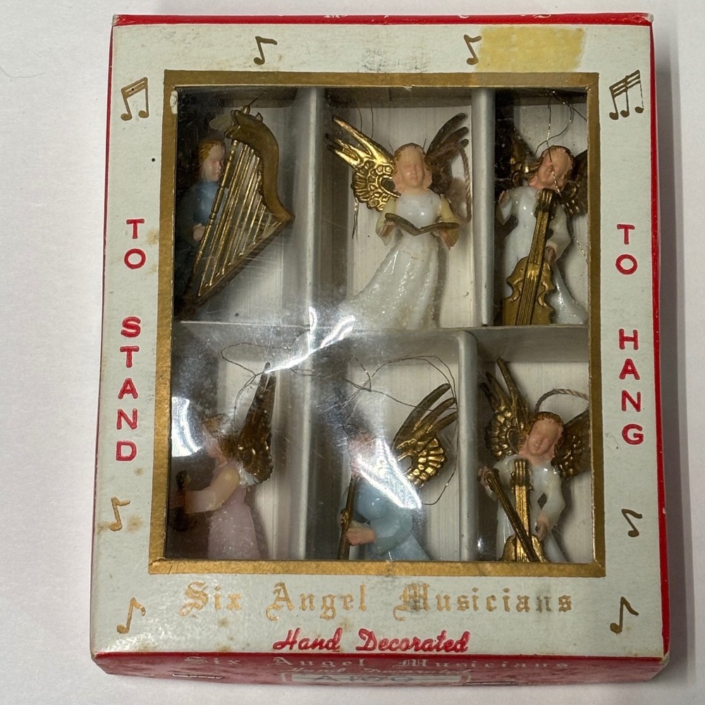 Vintage Six Angel Musicians Hand Decorated Ornaments Set British Hong Kong A100